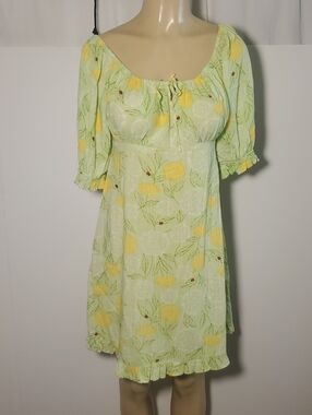 ModCloth Light Green Floral Puff-Sleeve Mini Summer Dress Size M